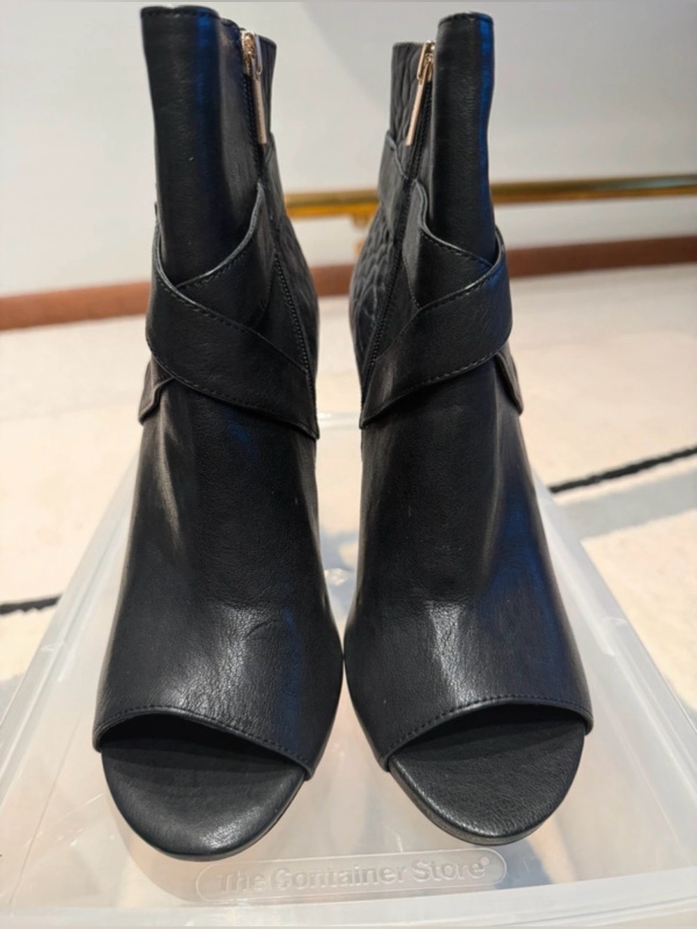 Vince Camuto Black Peep-Toe Stiletto Ankle Boot with Gold Buckle